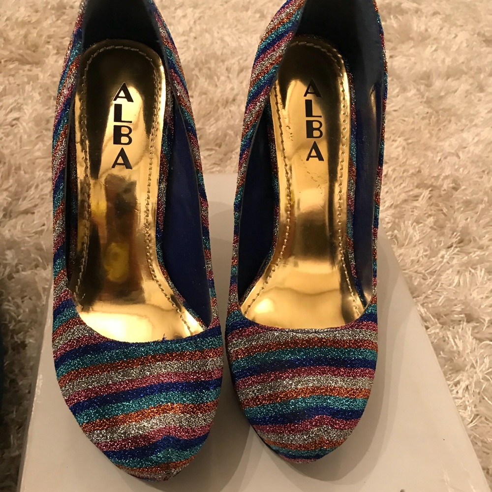 Multi-colored platform pumps.